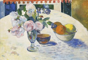 Flowers and a Bowl of Fruit on a Table